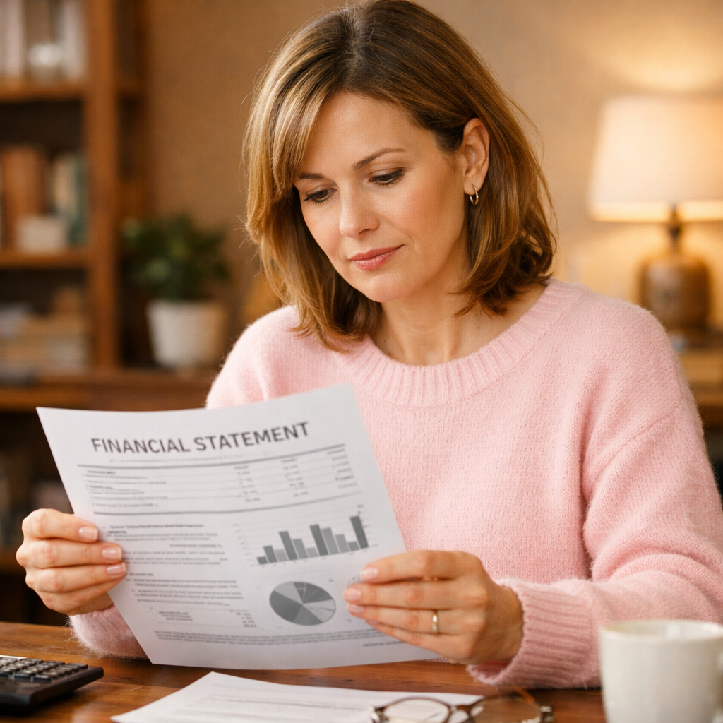 Female Reading Financial Statement Warm Office Environment Light Pink Jumper